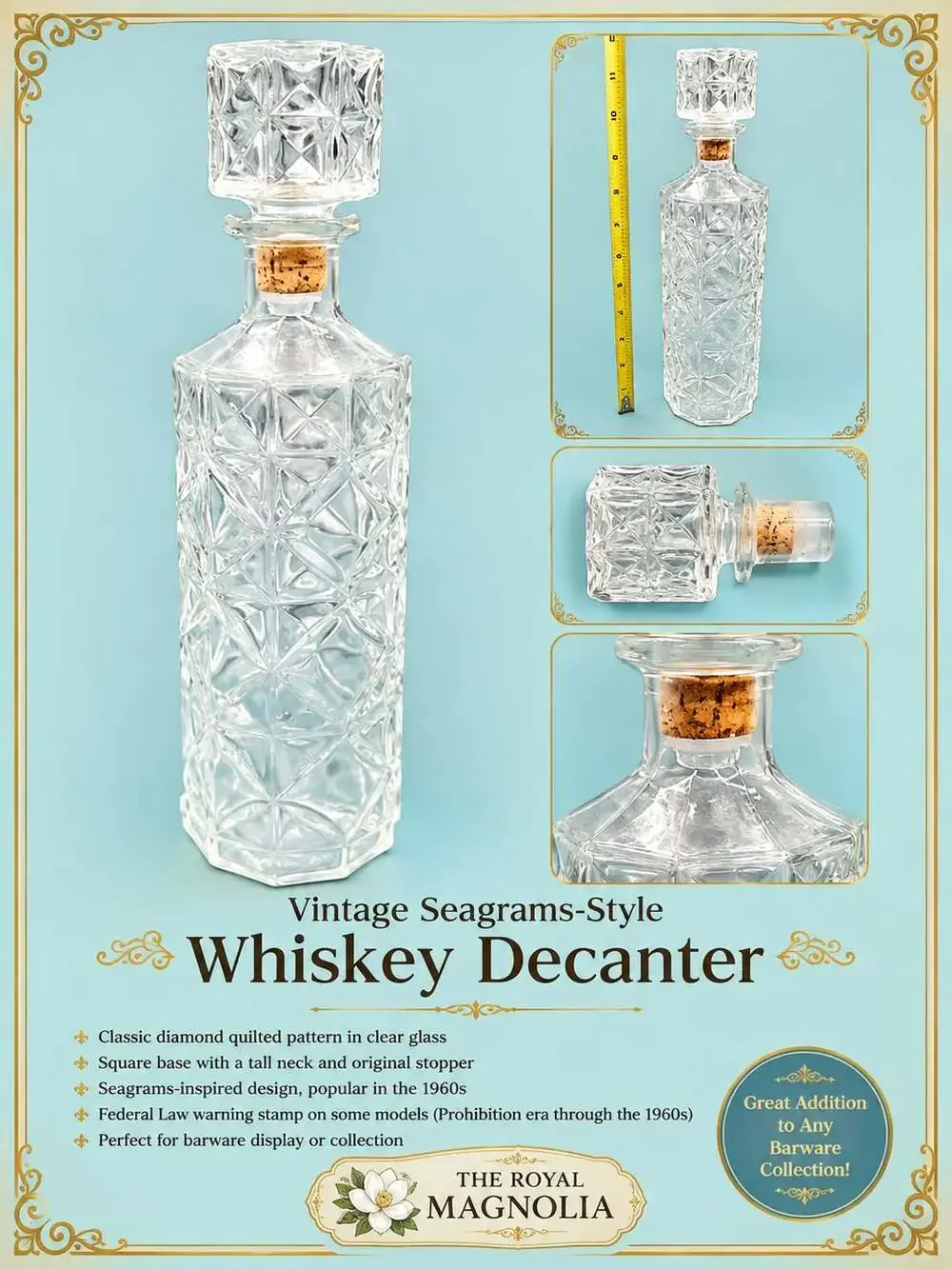 Vintage Clear Glass Diamond Quilted Pattern Whiskey Decanter with Stopper